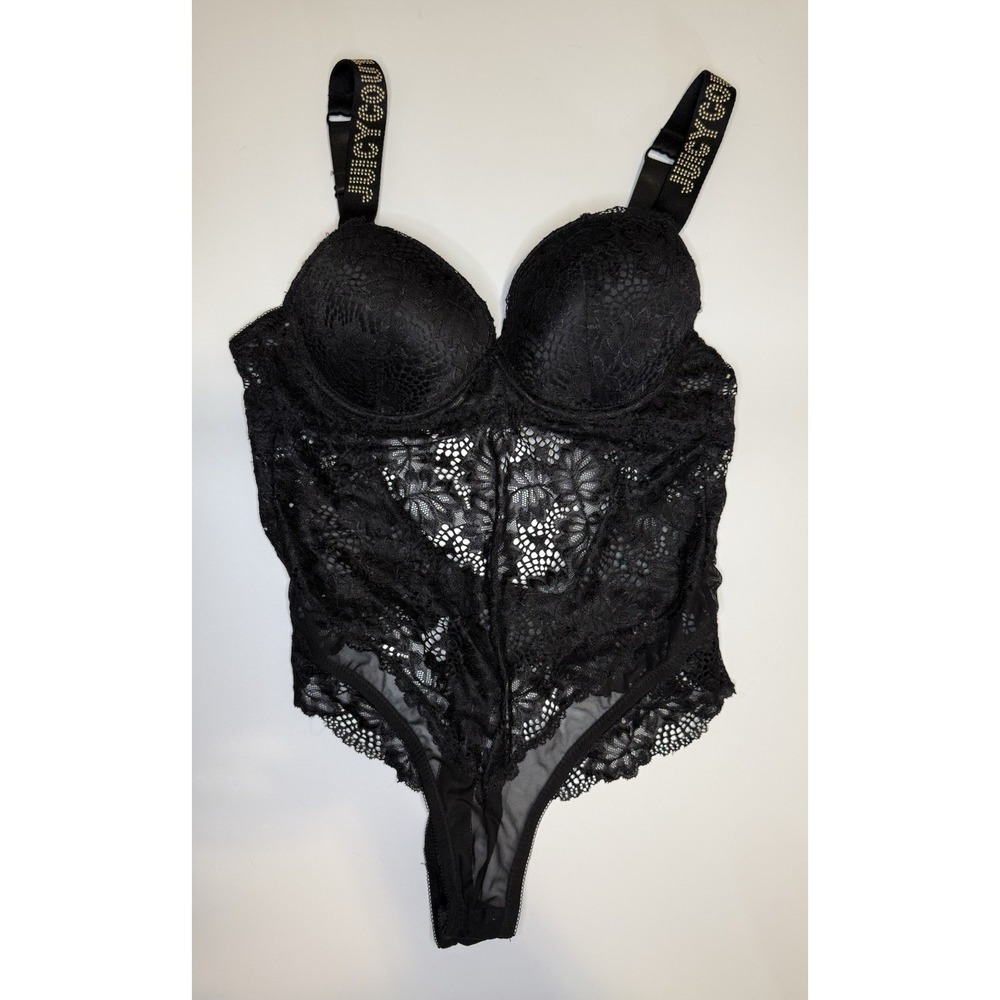 Juicy Couture Black Studded Lace One Piece Push Up Bodysuit Size Medium Lingerie